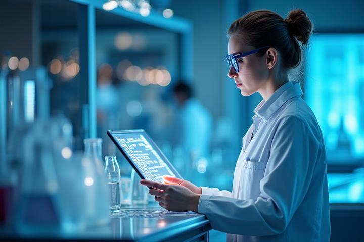 Naučnik pregleda podatke na tabletu u modernoj laboratoriji, sa fokusom na istraživanja.