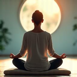 Osoba mirno meditira u sedećem položaju na podu, okružena blagim, toplim svetlom, simbolizujući mir.