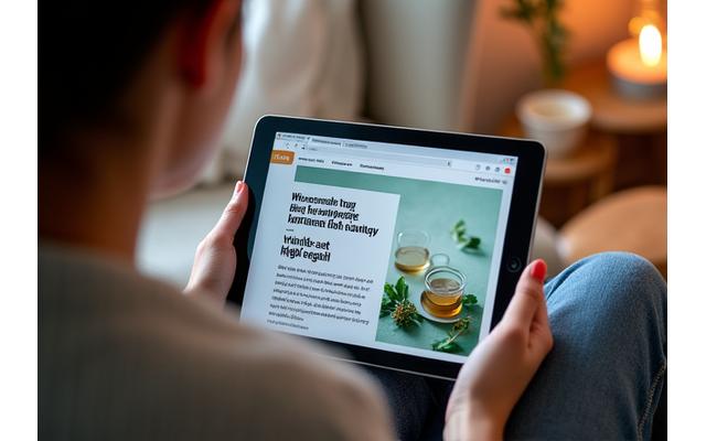 Osoba čita blog na tabletu, sa vizualom inspirativnog blog posta o zdravlju i vitalnosti.