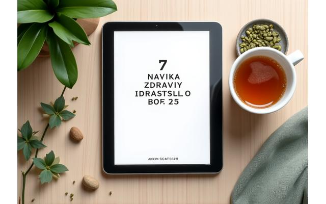 Ilustracija elektronske knjige '7 Navika Zdravih Odraslih Posle 35' sa šoljom čaja i biljkama