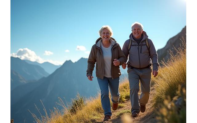 Par starijih osoba, 50+, energično planinari planinom, prikazujući vitalnost i radost života.