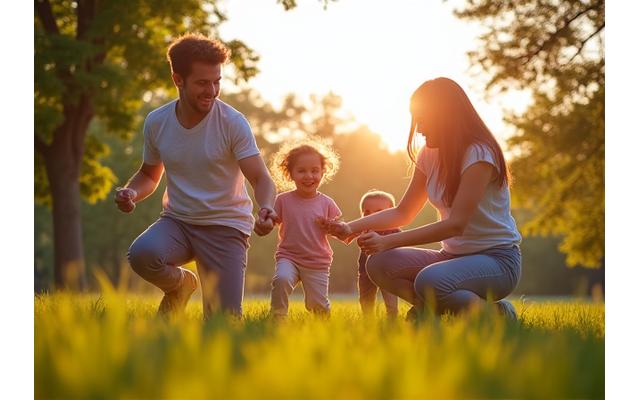 Srećna porodica, roditelji u 30-im i 40-im igraju se sa decom u parku, zračeći zdravljem i vitalnošću.
