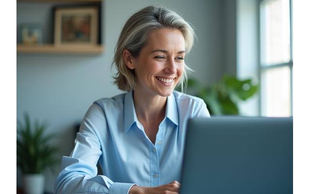 Mlada profesorka fokusirana na laptopu u modernom kancelariji, ali mirnog izraza lica.