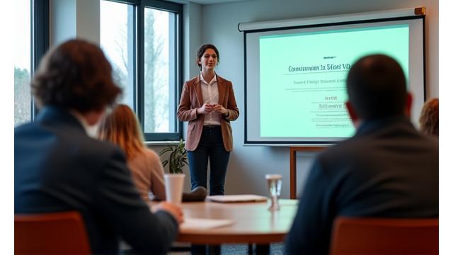 Profesionalac drži predavanje grupi učenika ili zaposlenih o zdravim navikama, koristeći slajdove i interaktivne elemente.