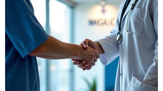 Dva profesionalca u medicinskim uniformama rukuju se u bolničkom okruženju, simbolizujući saradnju sa zdravstvenim ustanovama.