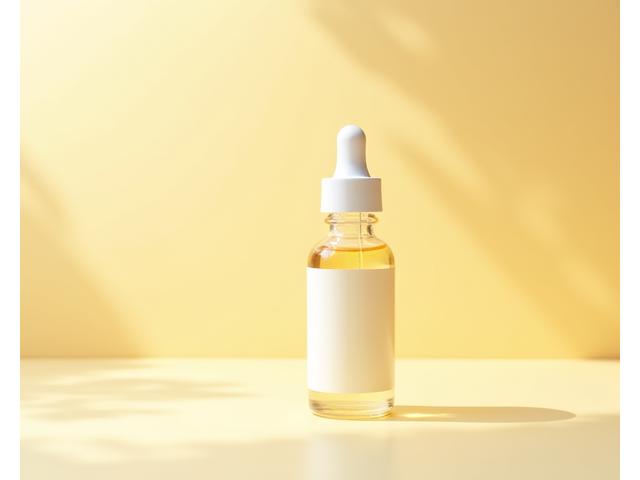 Boca vitamina D3 kapi na minimalističkoj pozadini, sa sunčevim svetlom koje pada na nju.