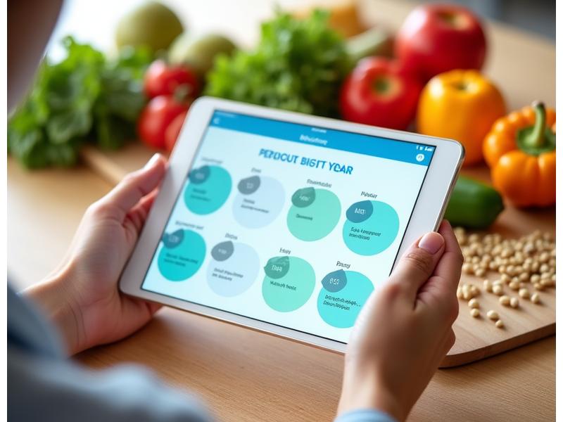 Osoba koristi tablet da prati personalizovan plan ishrane sa svežim voćem i povrćem u pozadini.