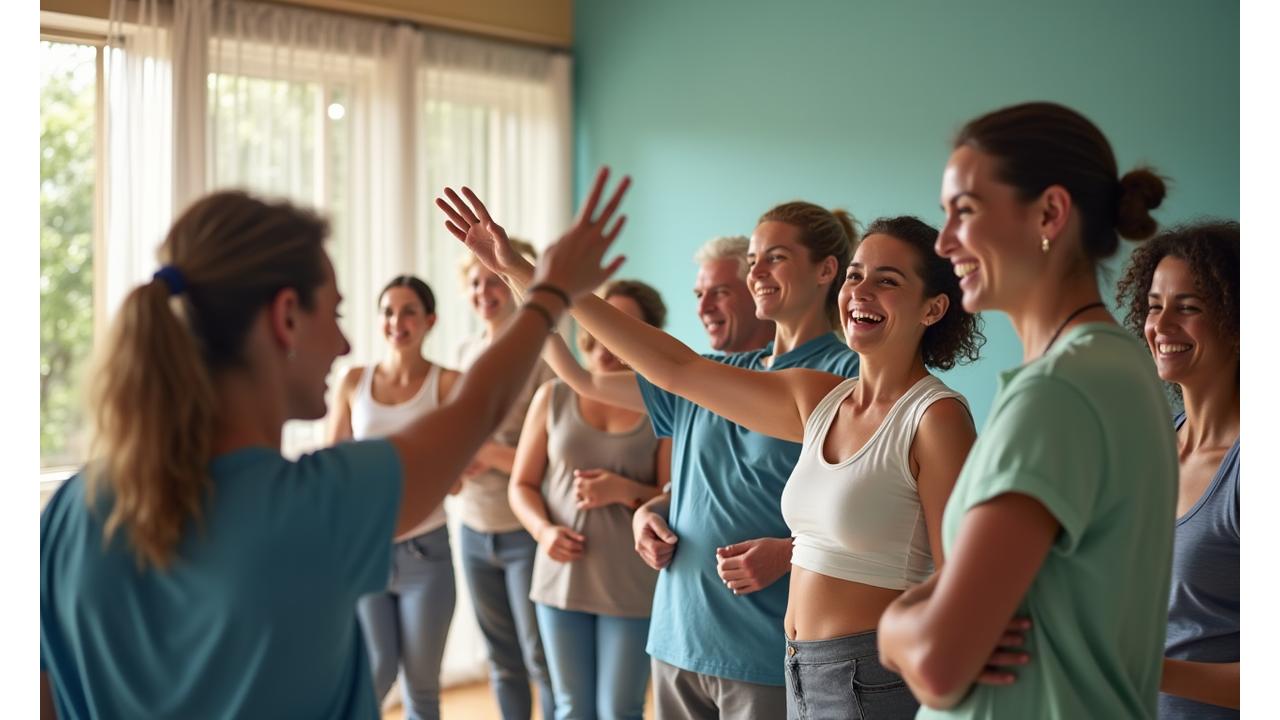 Nasmejana grupa ljudi 35+ različitih godina, aktivno razgovara i smeje se u moderno uređenom fitness studiju, simbolizujući podršku i zajedništvo.